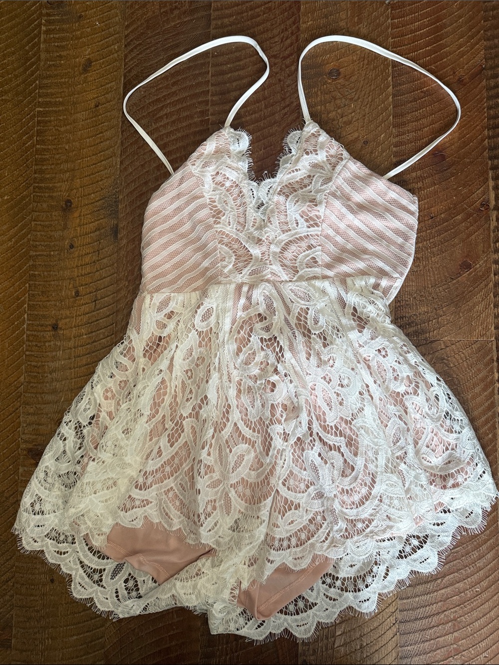 Girls Pink Lace Overlay Romper with Spaghetti Straps